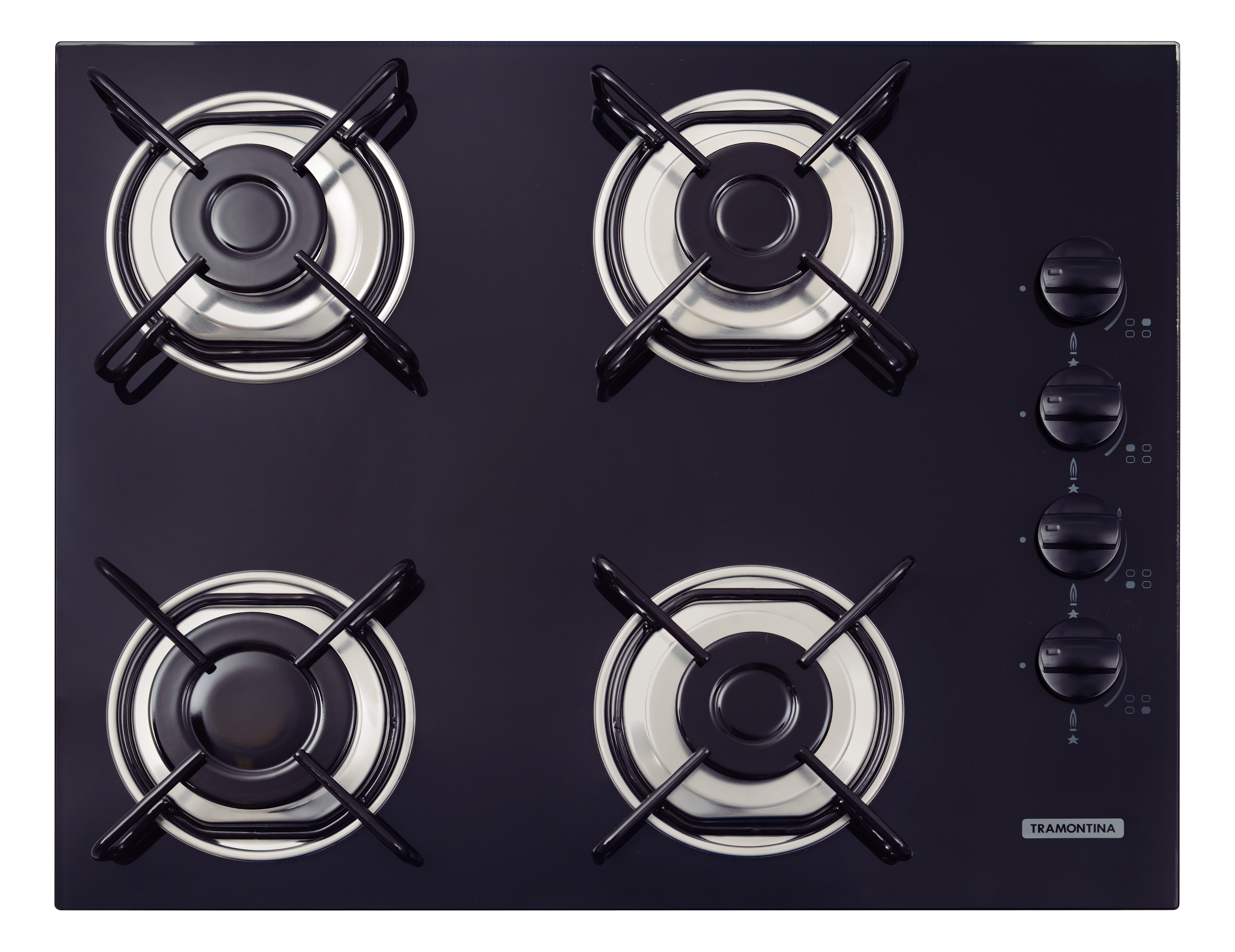 Cooktop a gas TRAMONTINA de vidrio templado negro y rejillas de acero al carbono, con encendido superautomático y 4 quemadores.