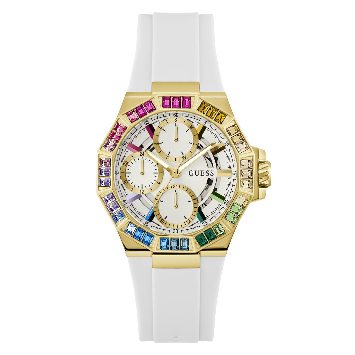 RJ GUESS LADIES SPORT GOLD TONE MULTI FUNCIONES STRAP WHITE GW0779L1