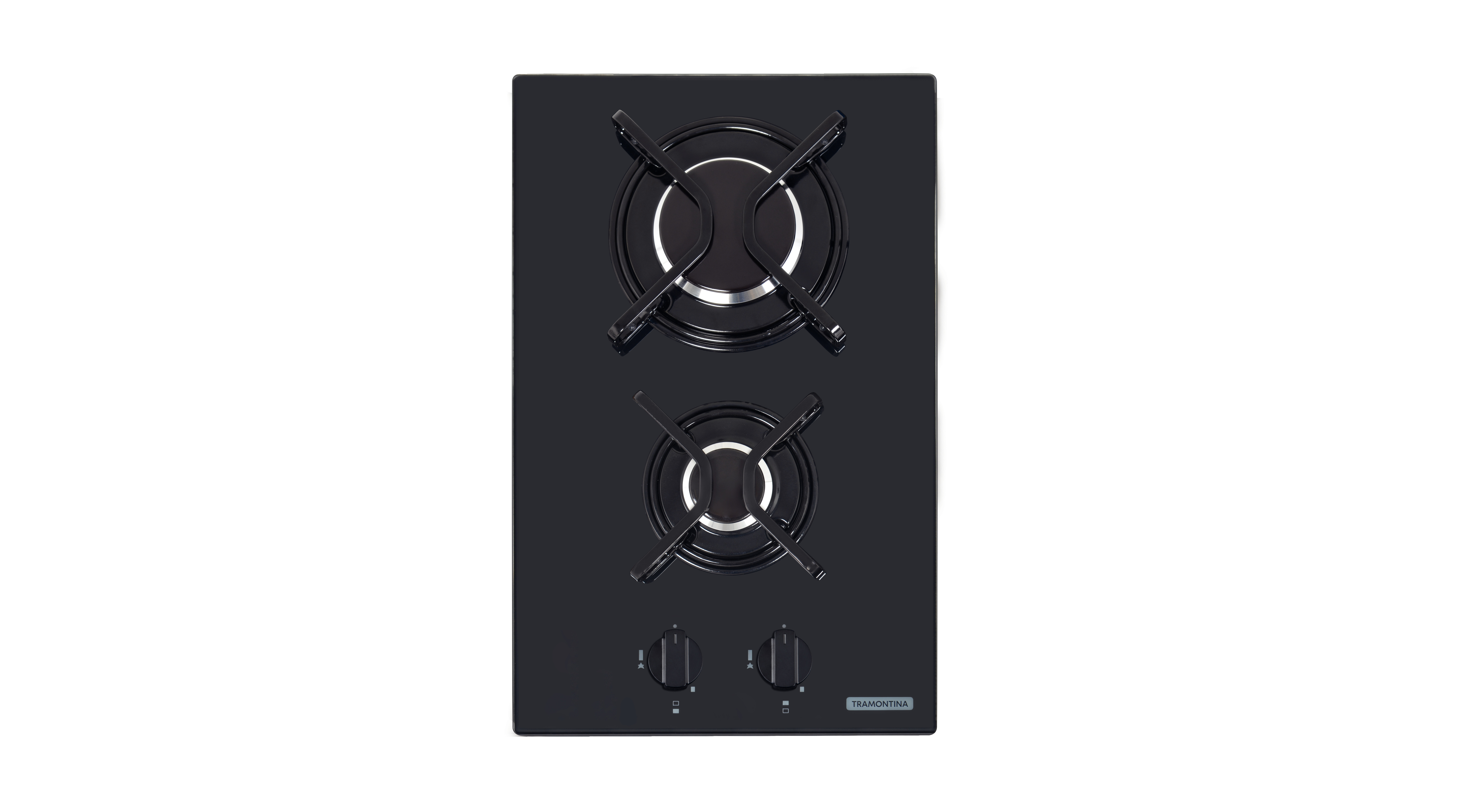 Cooktop a gas TRAMONTINA de vidrio templado negro y rejillas de acero al carbono, con encendido superautomático y 2 quemadores.