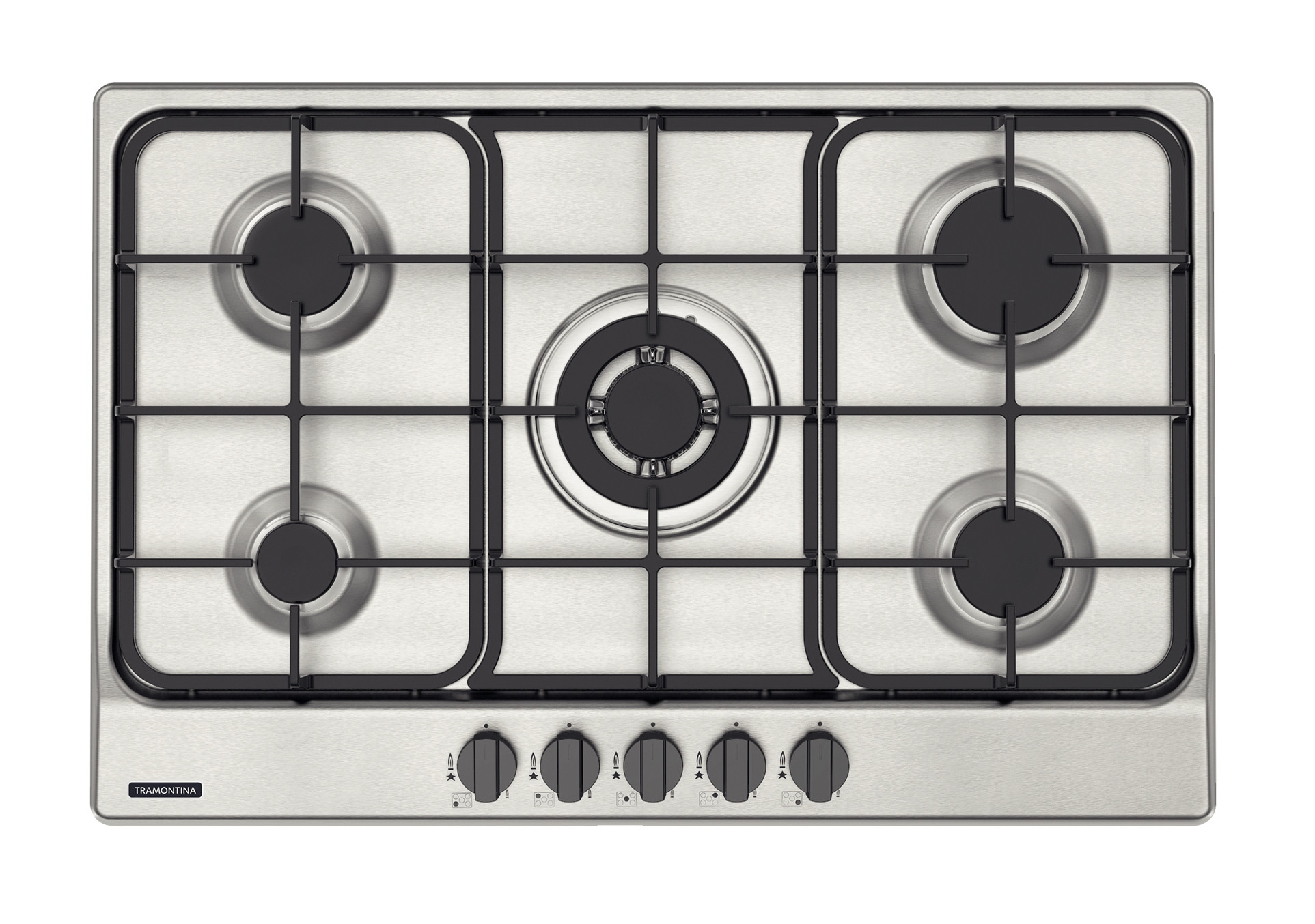 Cooktop a gas TRAMONTINA de acero inoxidable y rejillas de hierro fundido, con encendido superautomático y 5 quemadores.