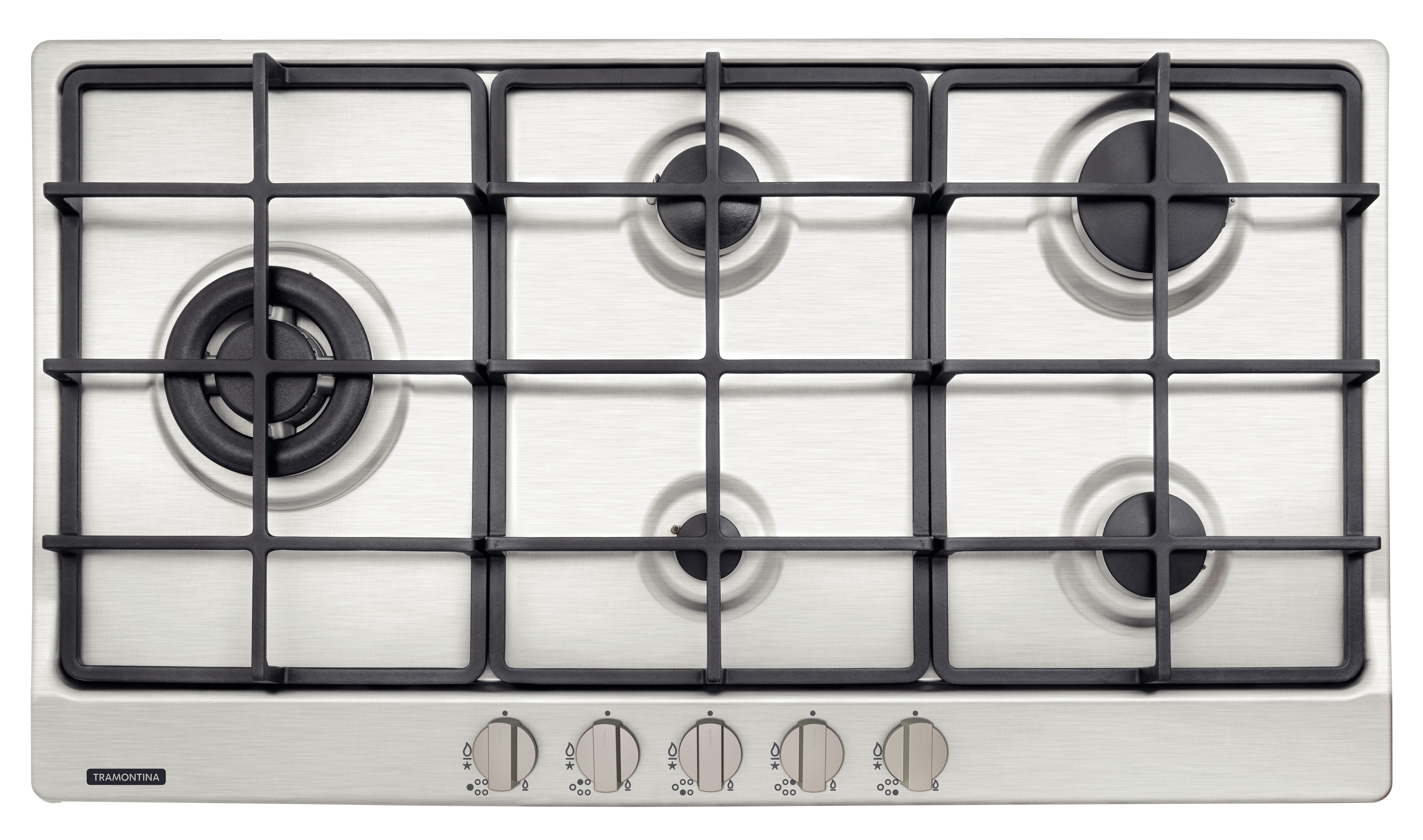 Cooktop gas TRAMONTINA en acero inoxidable con 5 quemadores y rejillas de hierro fundido