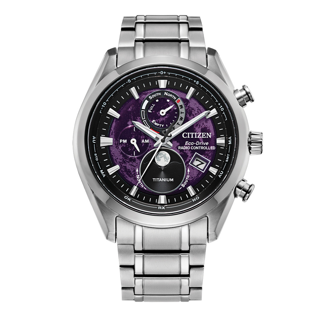 RELOJ CITIZEN TSUKI-YOMI A-T PERPETUAL WORLD TIME PURPLE DIAL MENS 43MM