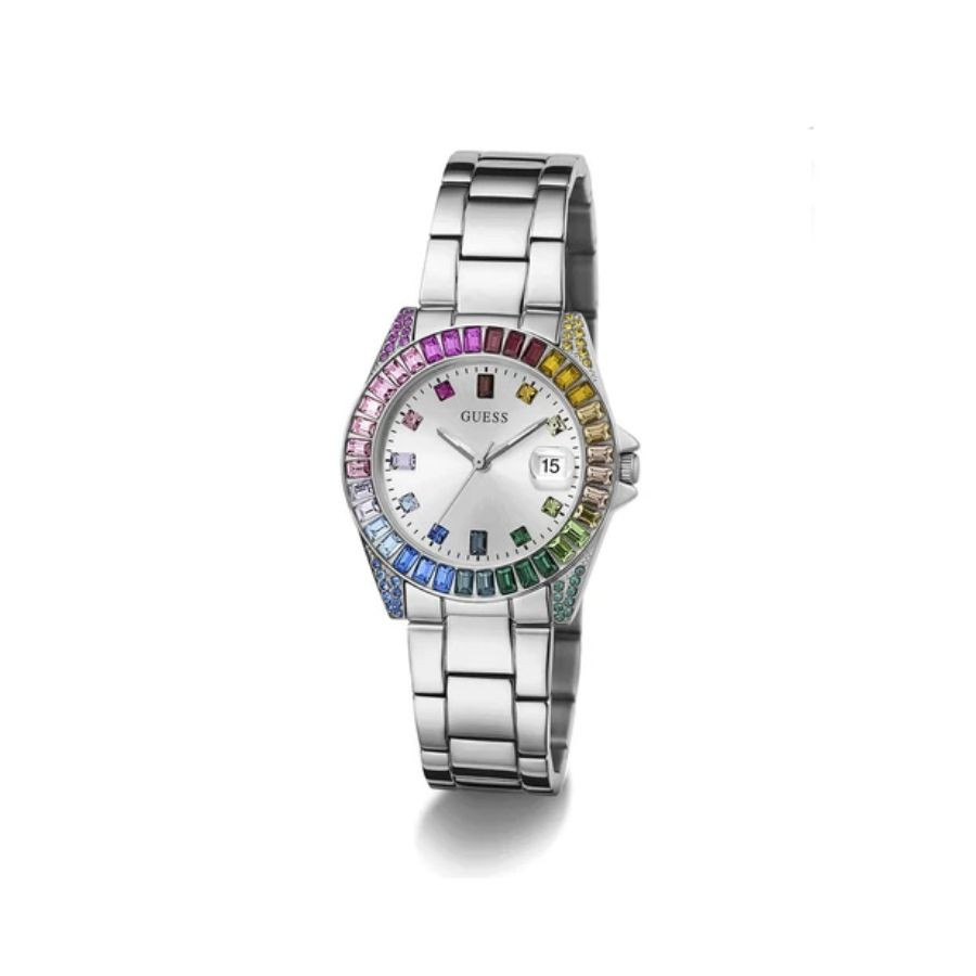 Reloj GUESS Plateado Con Diseño De Piedras De Colores